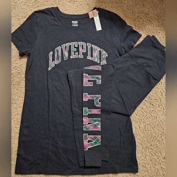 NWT PINK VS Plaid Checkered Spellout Tee and Leggings Matching Set Outfit - Picture 1 of 10